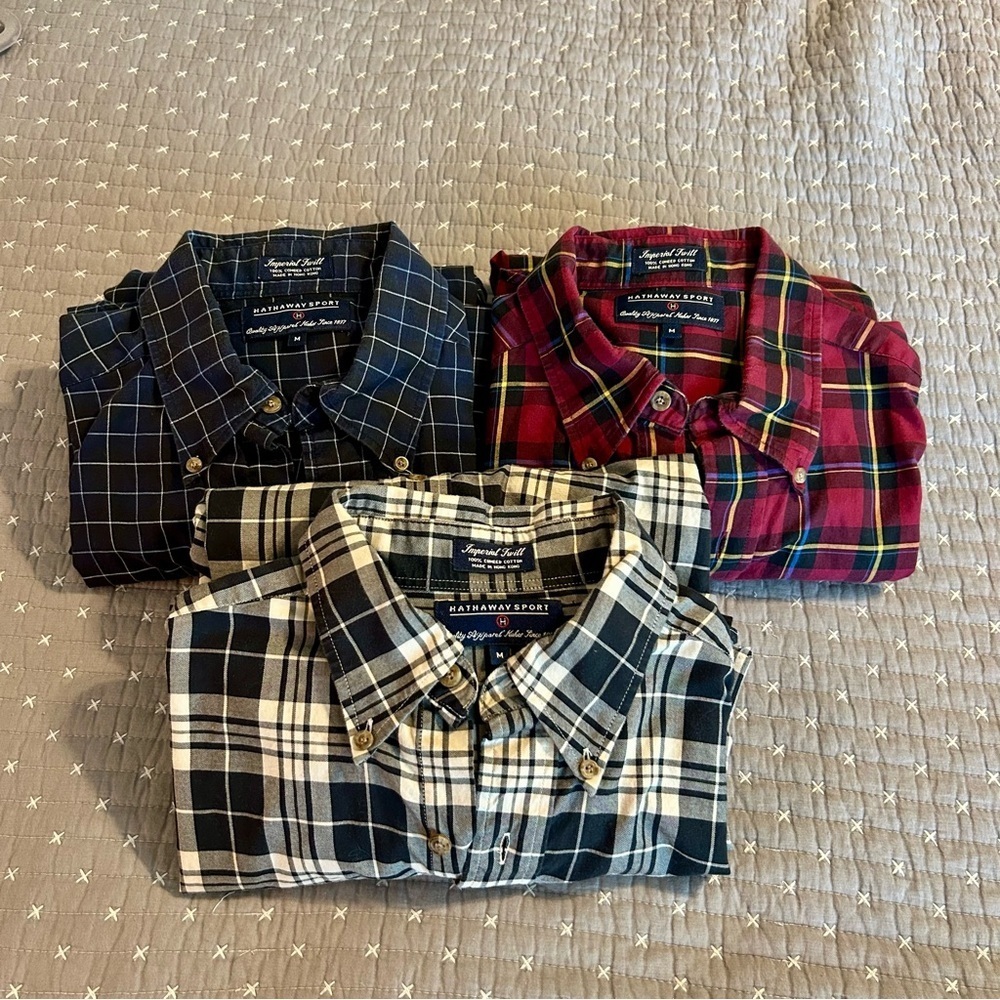 Vintage Hathaway Sport Comeed Cotton Plaid Long Sleeve Shirts - M (Set of 3)